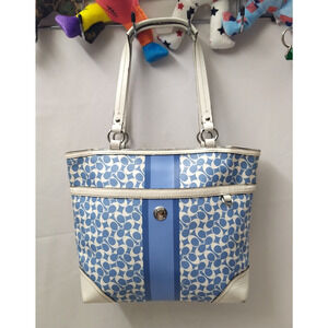 Coach Chelsea Blue Leather Double Stripes Handles Zipper Tote Bag